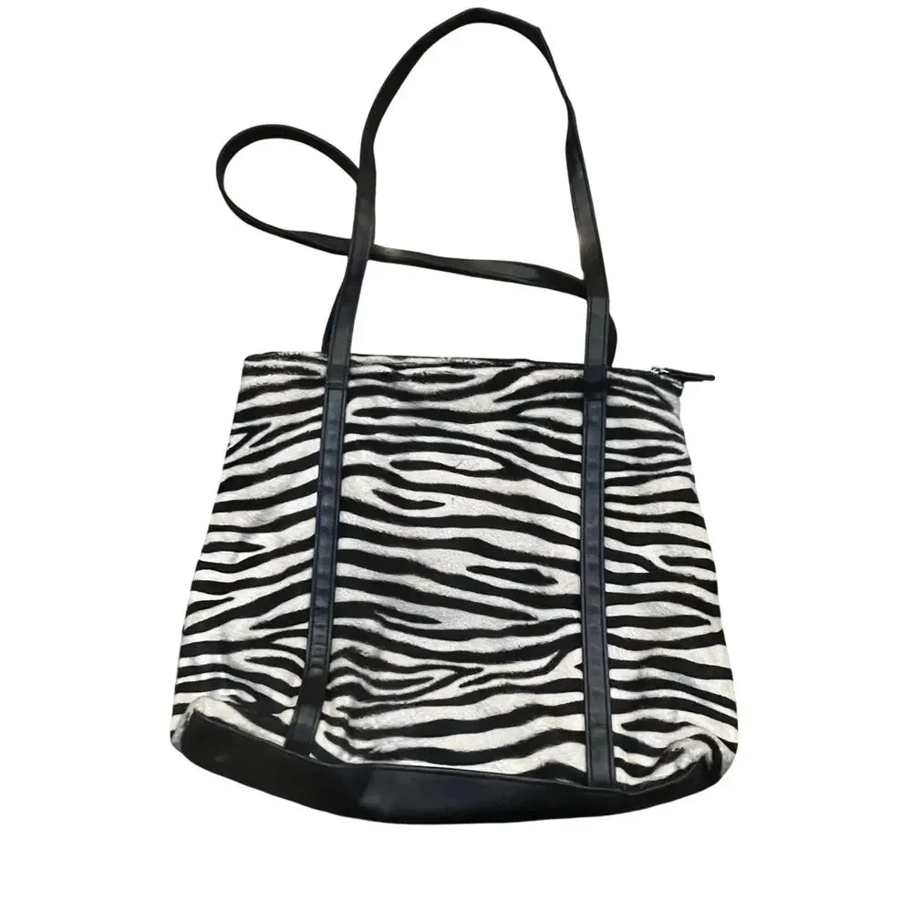 Zebra Print Faux Fur Tote Bag Black‎ Trim Y2K Shoulder Purse Pink Interior